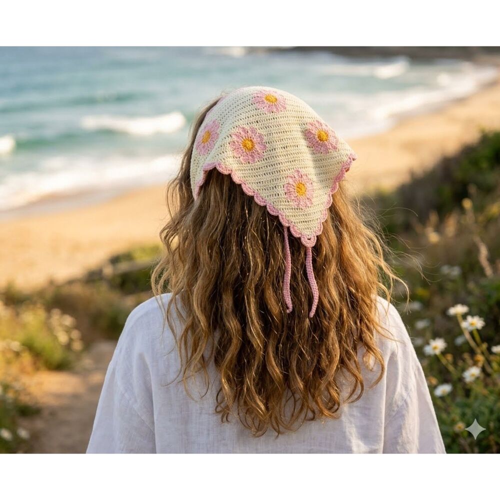 Crochet Daisy Hair Bandana Cottagecore Flower Knit Scarf Head Wrap Pink Cream